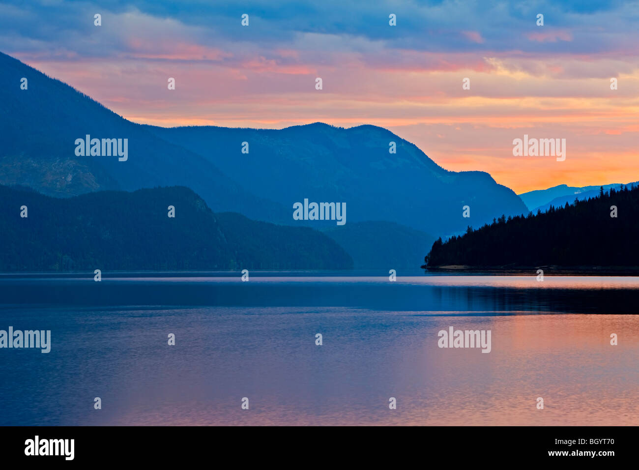 Slocan Lake at sunset from the town of New Denver, Slocan Valley, Central Kootenay, British Columbia, Canada. Stock Photo