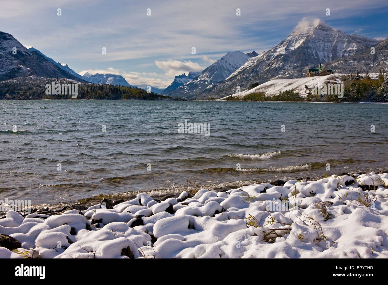 Middle Lake after fresh snowfall in Waterton Lakes National Park (a UNESCO World Heritage Site & Biosphere Reserve), Alberta, Ca Stock Photo