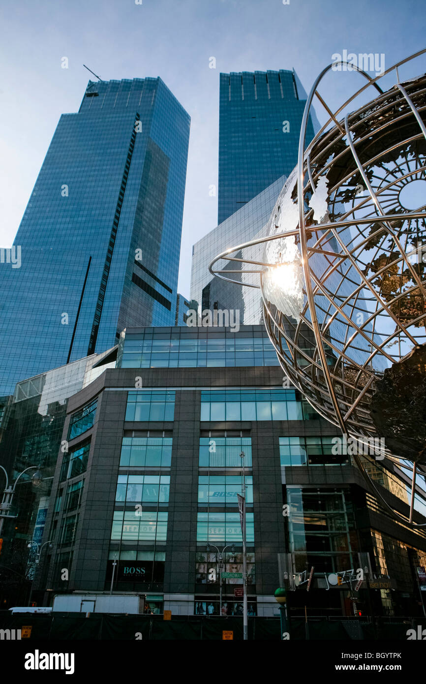 View of the Time Warner Center and the Unisphere replica at Columbus Circle, Manhattan, in New York city Stock Photo