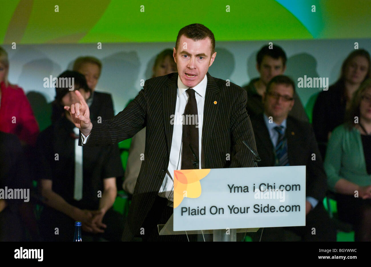 Adam Price MP for Carmarthen East and Dinefwr speaking from the platform at Plaid Cymru Conference in Cardiff South Wales UK Stock Photo