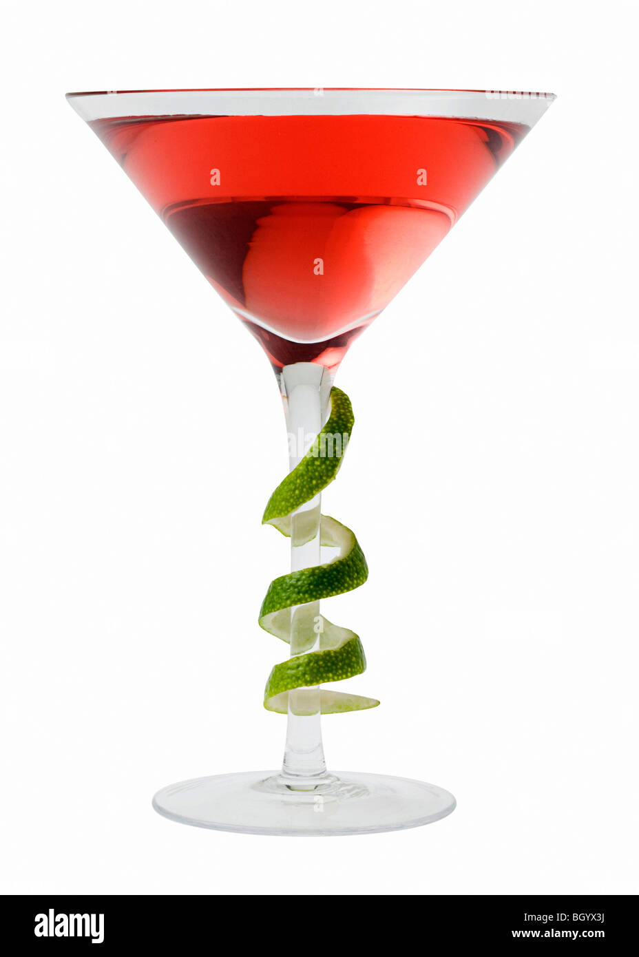 Cosmopolitan mixed drink with lime twist on a white background Stock Photo