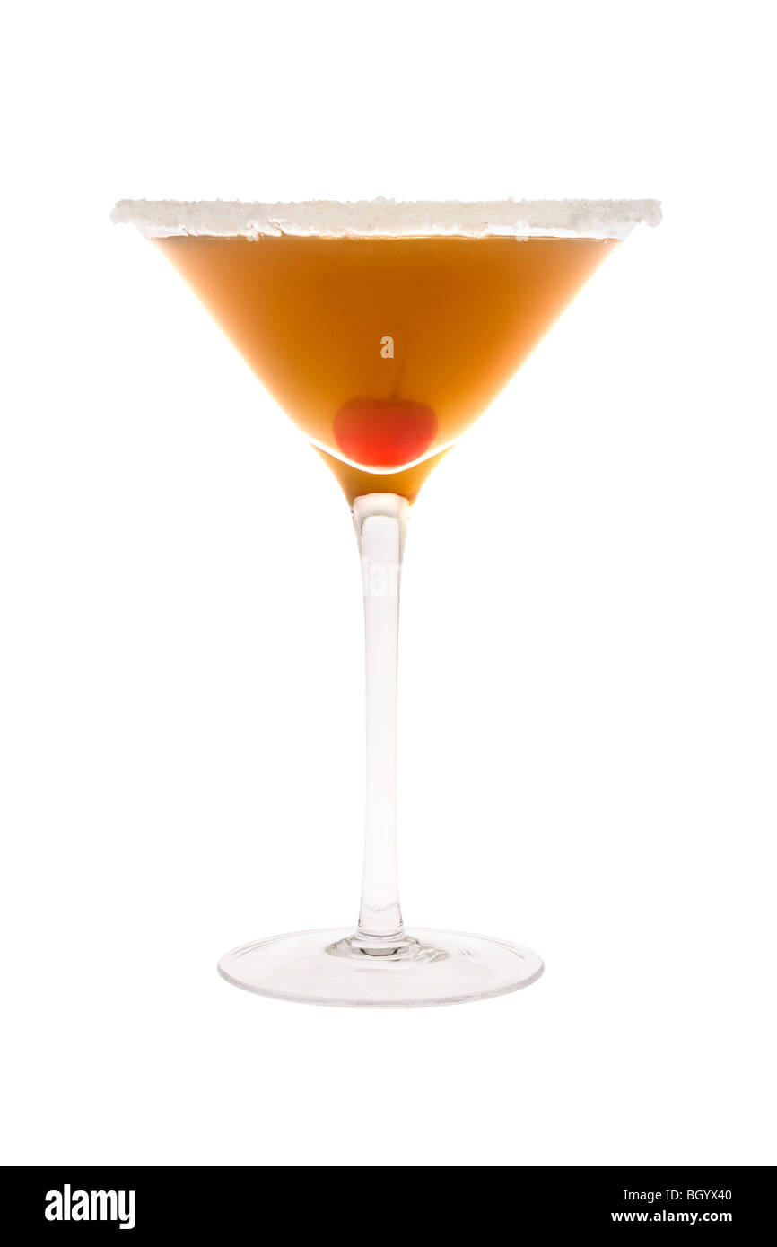 Amaretto Sour mixed drink with cherry on white background Stock Photo