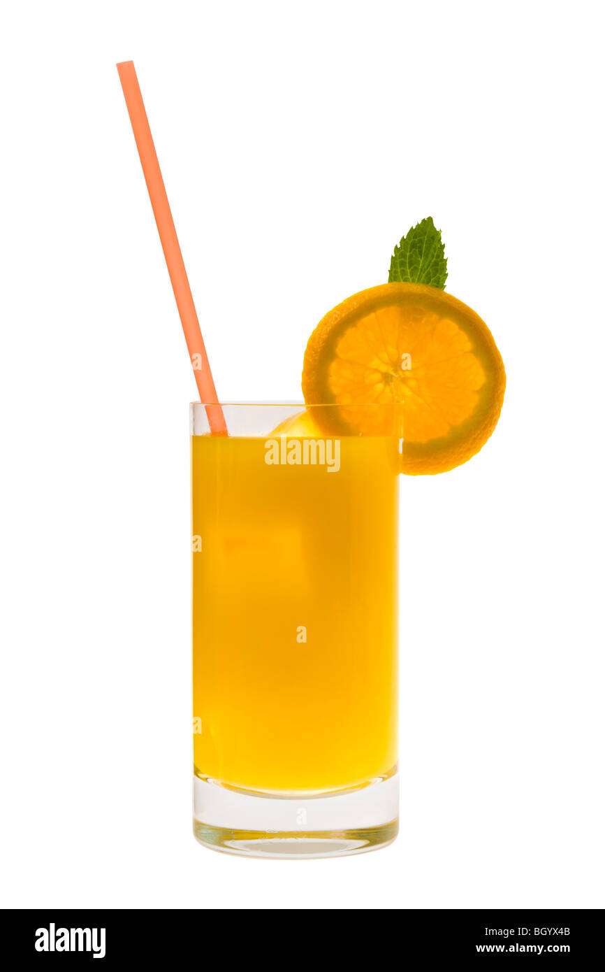 Screwdriver mixed drink with orange slice garnish on white background Stock Photo