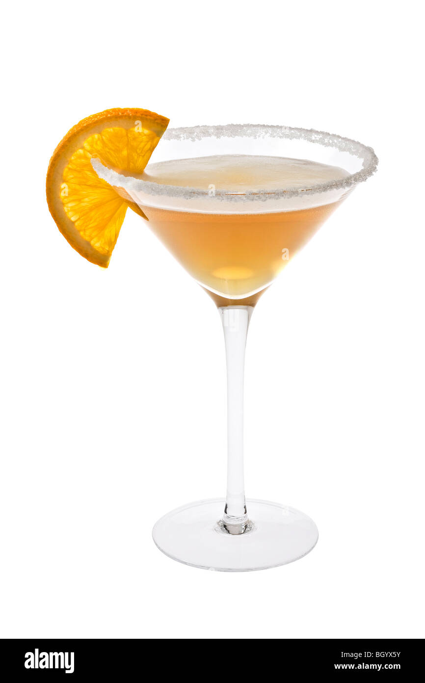 Sidecar mixed drink with orange slice garnish on white background Stock