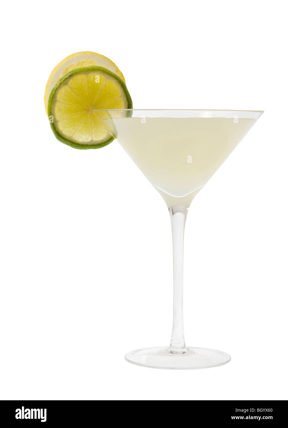 Lemon Drop mixed drink with lemon and lime slice garnish on a white