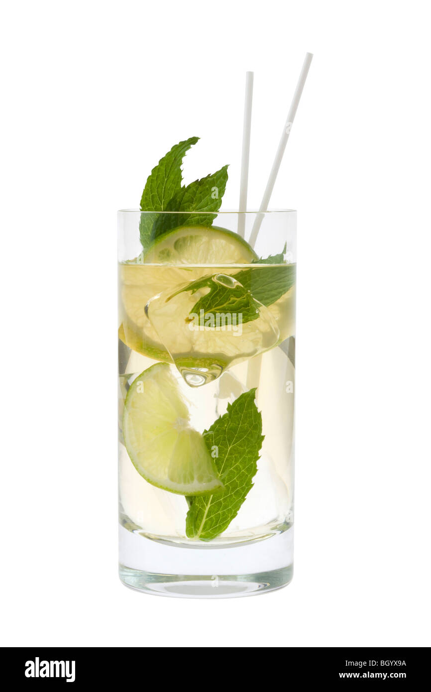Mojito mixed drink with mint garnish on a white background Stock Photo