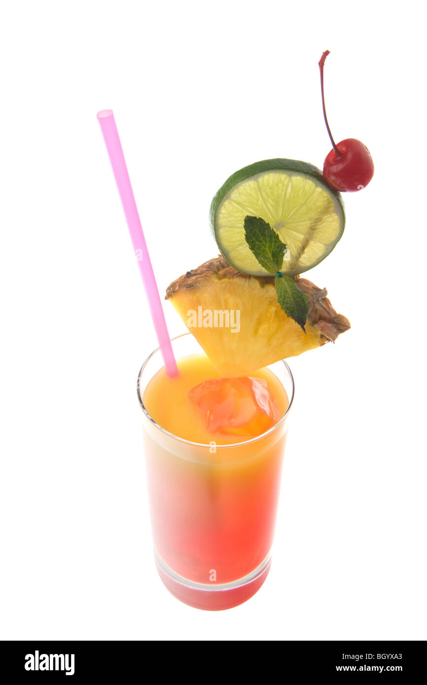 Tequilia Sunrise mixed drink with fruit garnish on white background Stock Photo