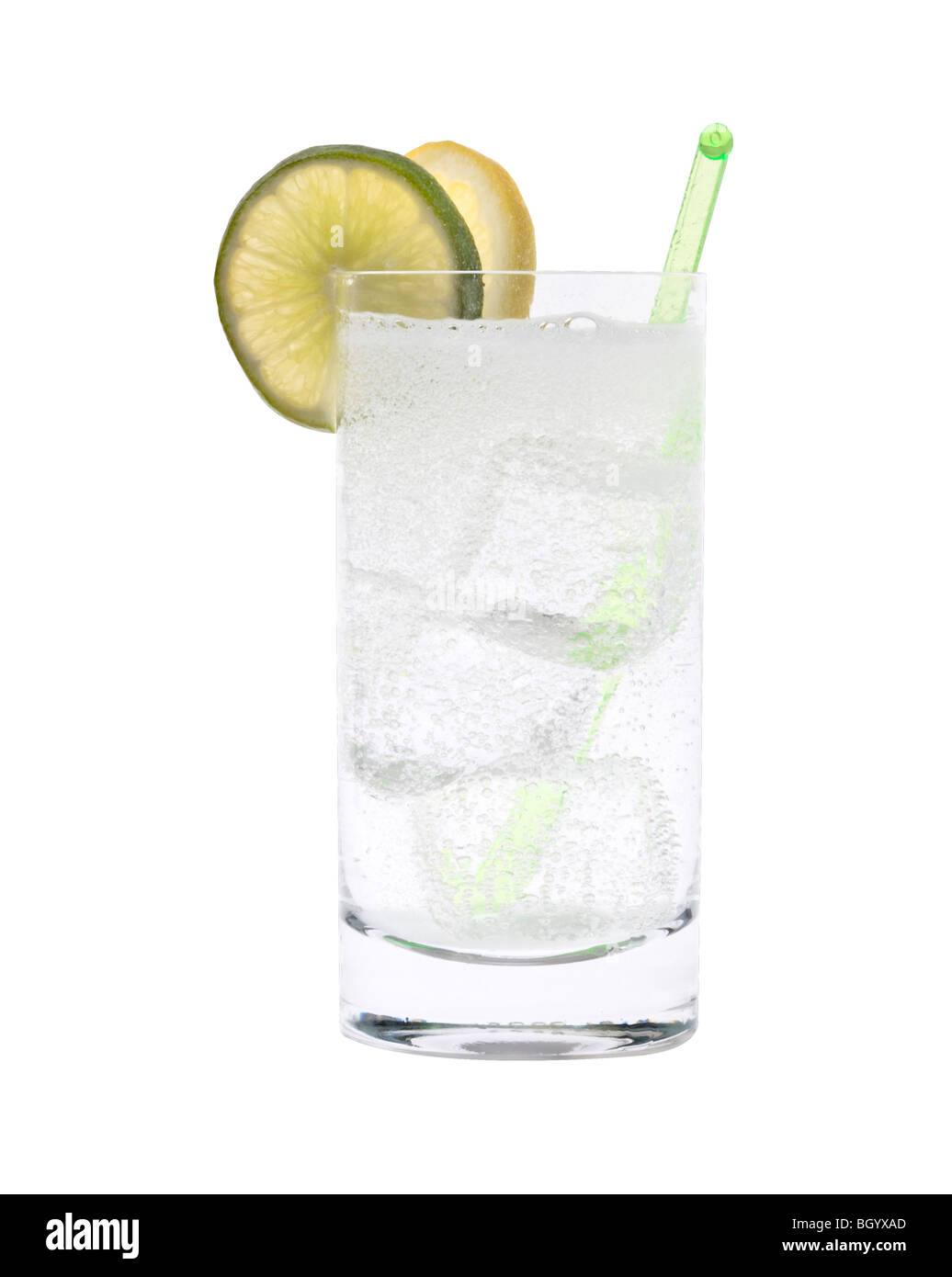 Vodka or Gin & Tonic mixed drink with lemon/line slice garnish on white