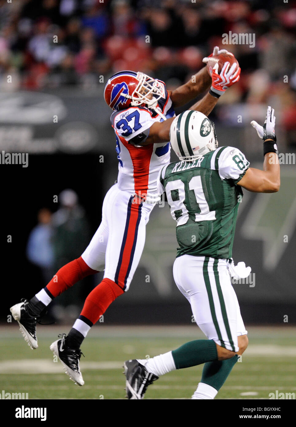 George Wilson #37 of the Buffalo Bills intercepts a pass intended for Dustin Keller #81 of the New York Jets Stock Photo