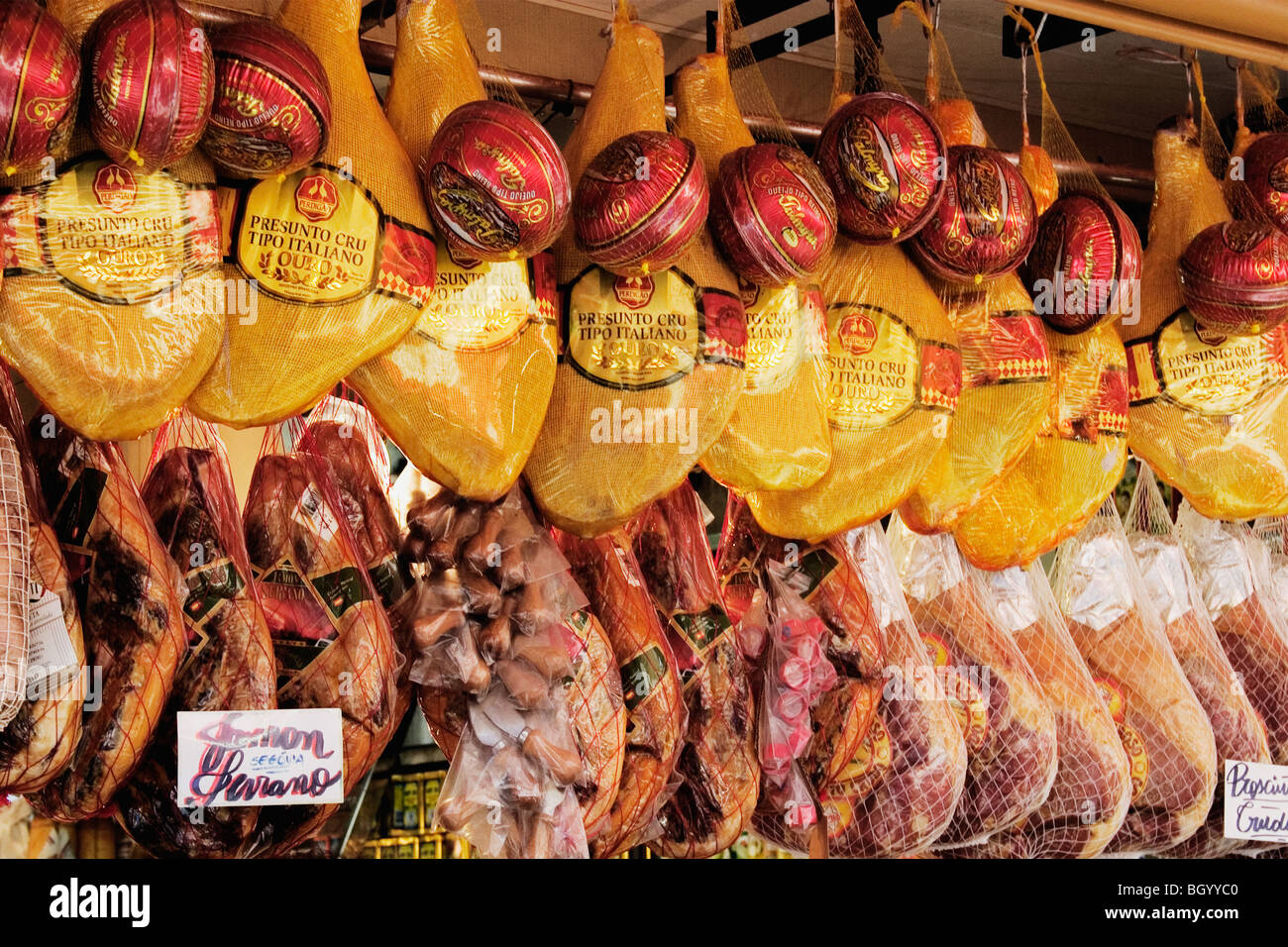 Hams and cheeses in the market Mercado Sao Paulo, Brazil Stock Photo