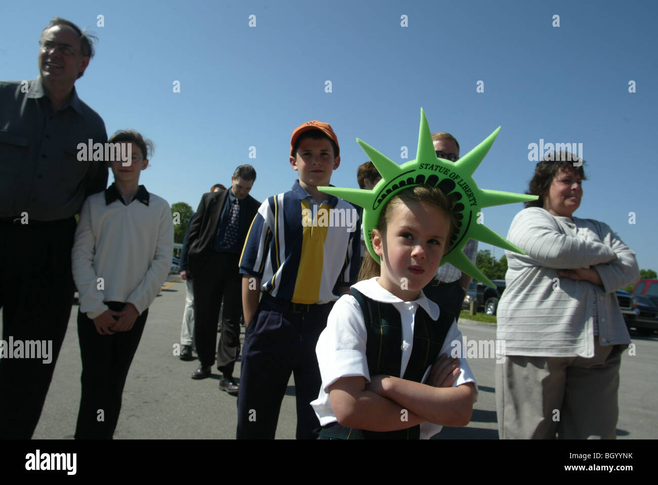 Girl wears a Statue of Liberty crown while waiting for George W. Bush Indianapolis. Over 1000 Bush supporters were turned away Stock Photo