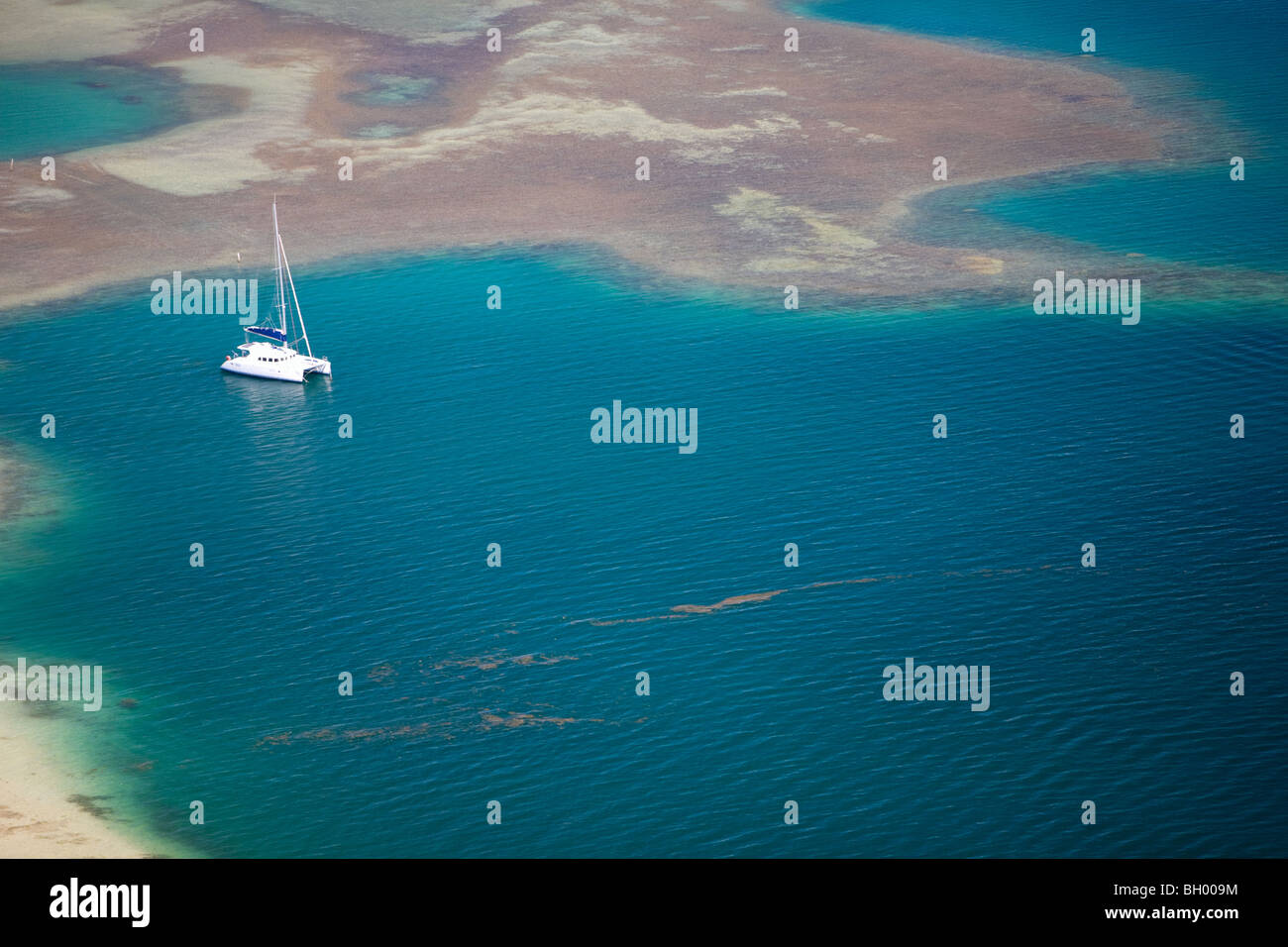 Aerial view of small boat in turquoise waters of Indian ocean Stock ...