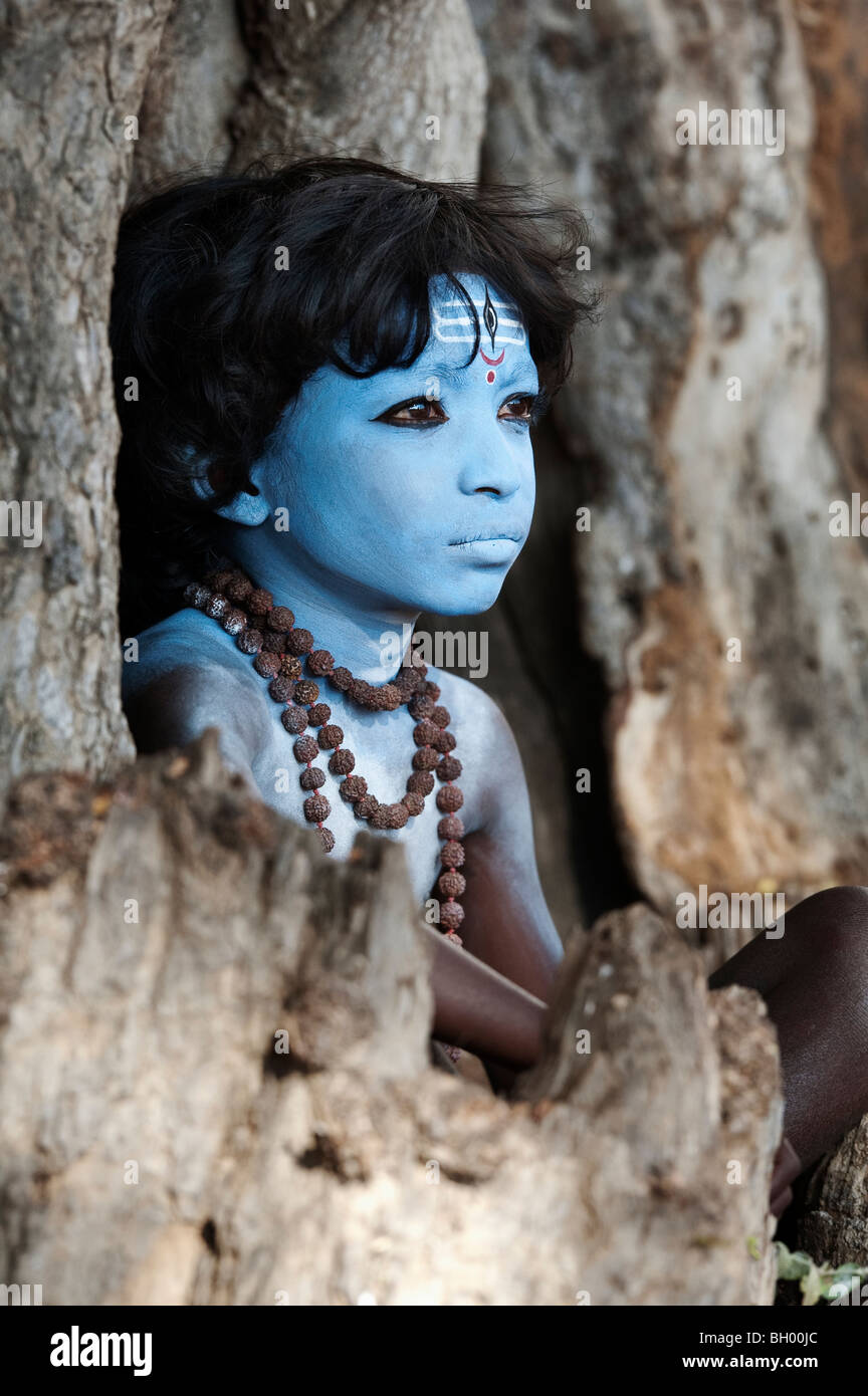 Indian boy, face painted as the Hindu god Shiva sitting in an old tree stump. Andhra Pradesh, India Stock Photo
