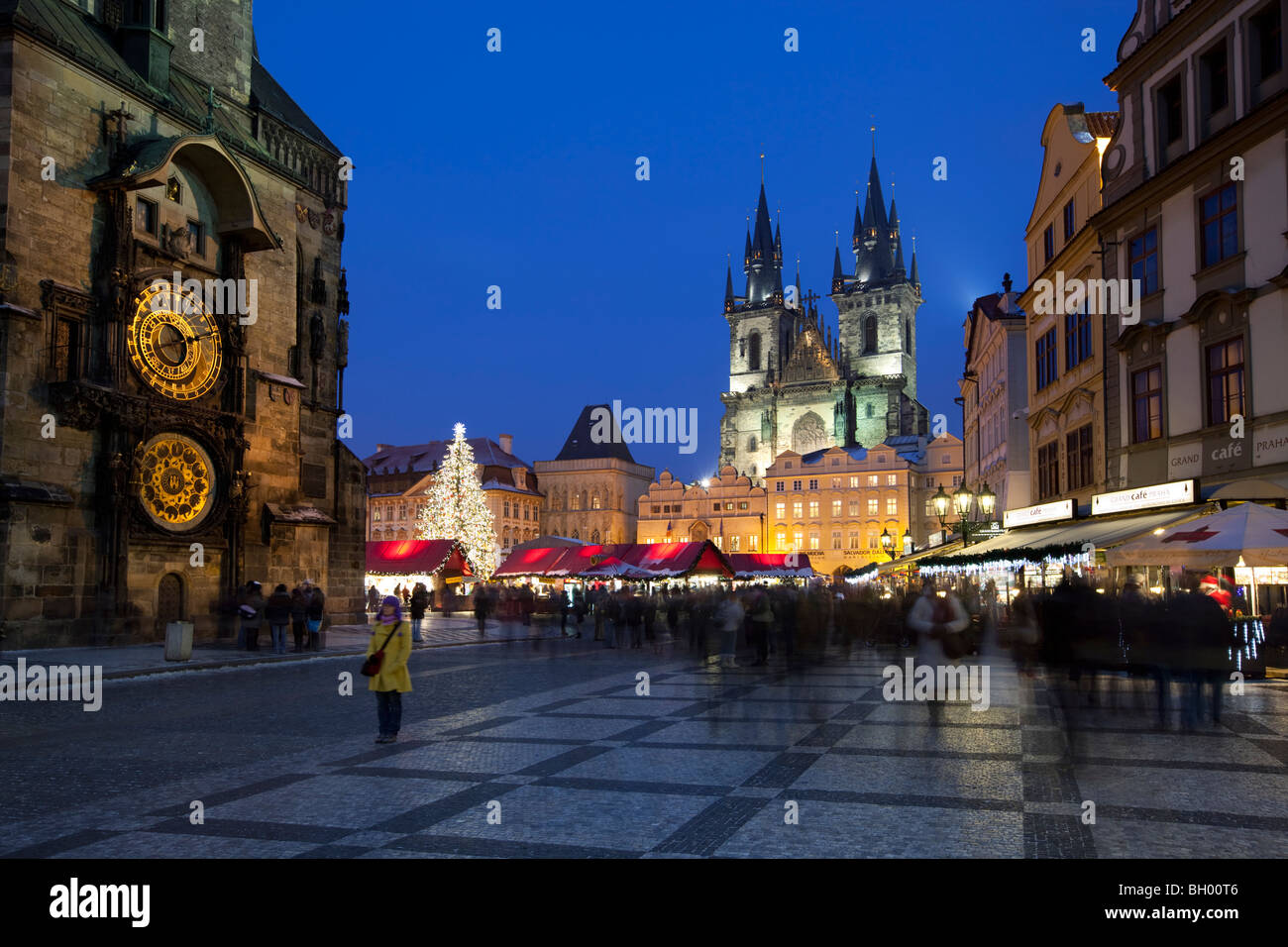 Christmas Market in the Old Town Square with the Church of our Lady before Tyn and the Astronomical clock Stock Photo