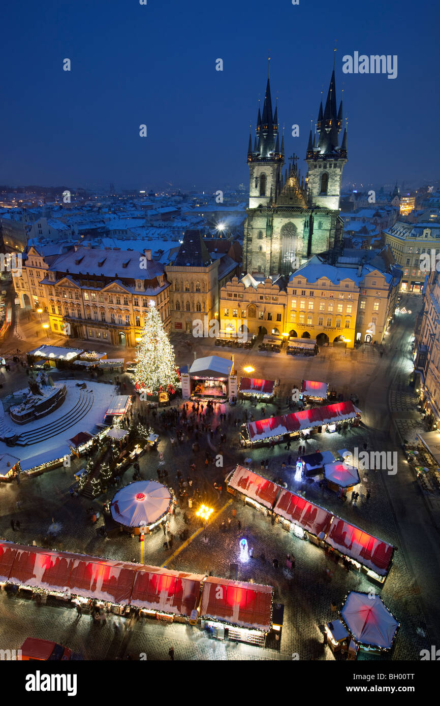 Overview from the Clock Tower of Christmas Market in the Old Town Square with the Church of Our Lady before Tyn Stock Photo