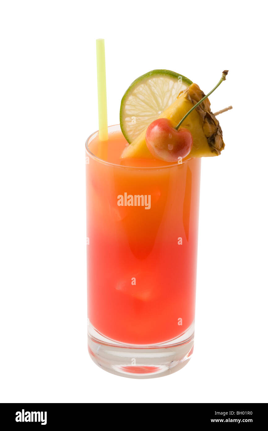 Mai Tai mixed drink with fruit garnish on white background Stock Photo