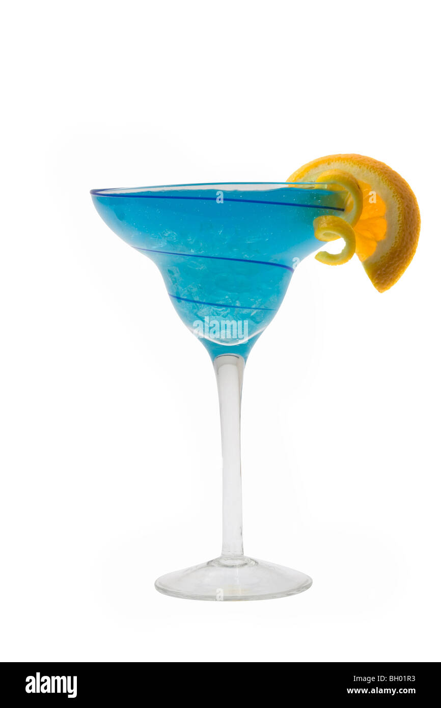 Blue Hawaiian Mixed Drink With Orange And Lemon Garnish On White blue-hawaiian-mixed-drink-with-orange-and-lemon-garnish-on-white