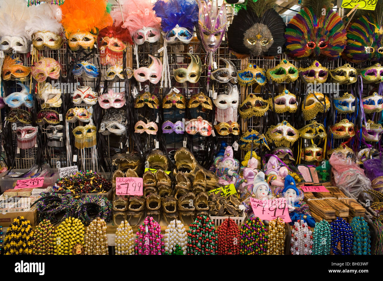 Masks beads alligators at French Market, French Quarter, New Orleans, Louisiana Stock Photo