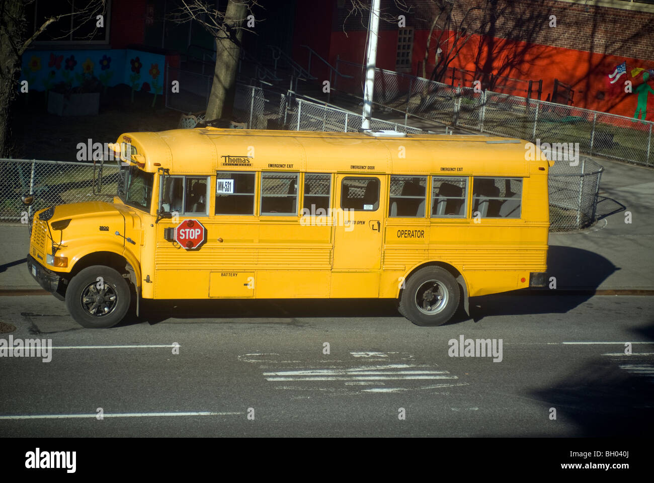 A school bus parked in the New York neighborhood of Chelsea on Thursday
