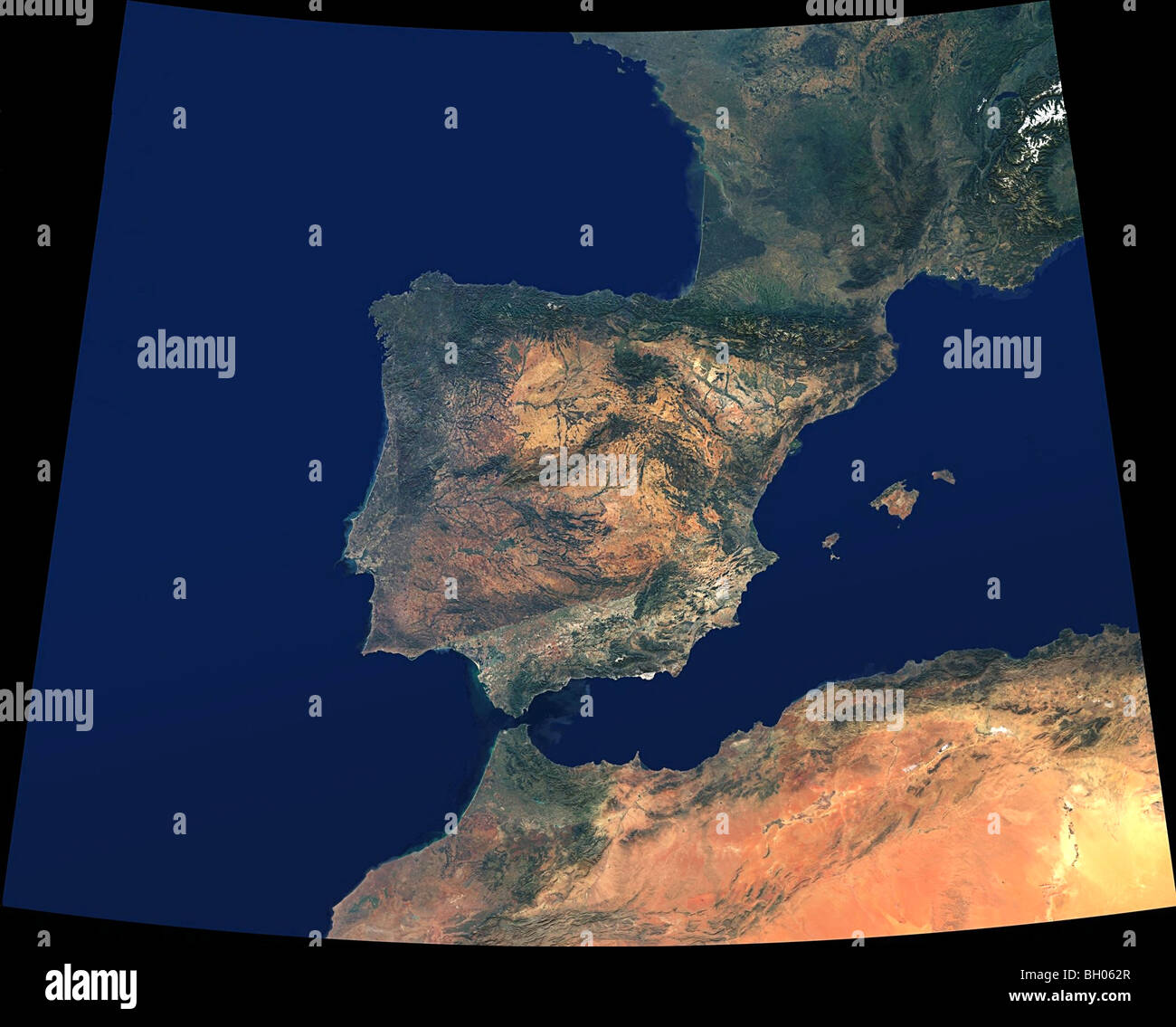 Cloud-free natural-color mosaic of southwestern Europe and northwestern Morocco and Algeria as seen from space. Stock Photo