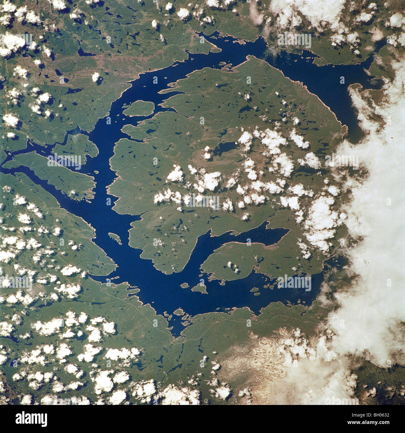 Manicouagan Reservoir in Quebec marks the site of an impact crater, 60 miles (100 km) wide. Stock Photo