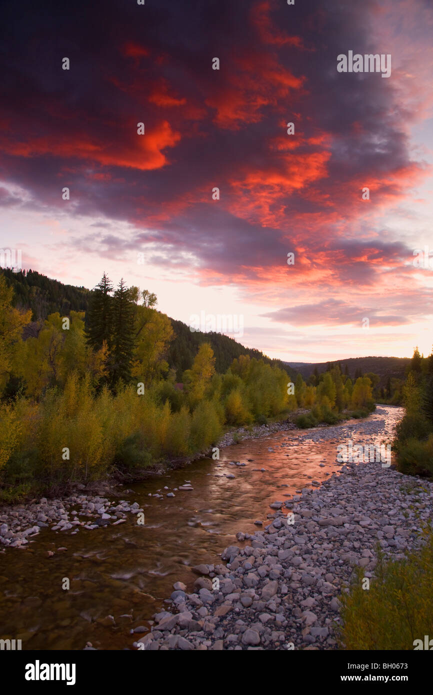 Anthracite Creek with Fall colors at sunset along Kebler Pass Road, Colorado. Stock Photo
