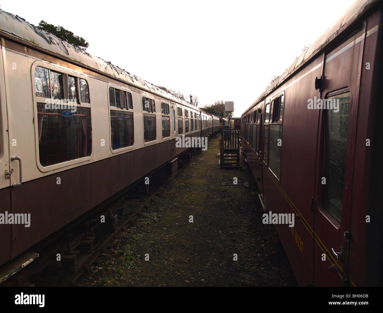 View between two lines of carriages, Bodmin Station. Stock Photo