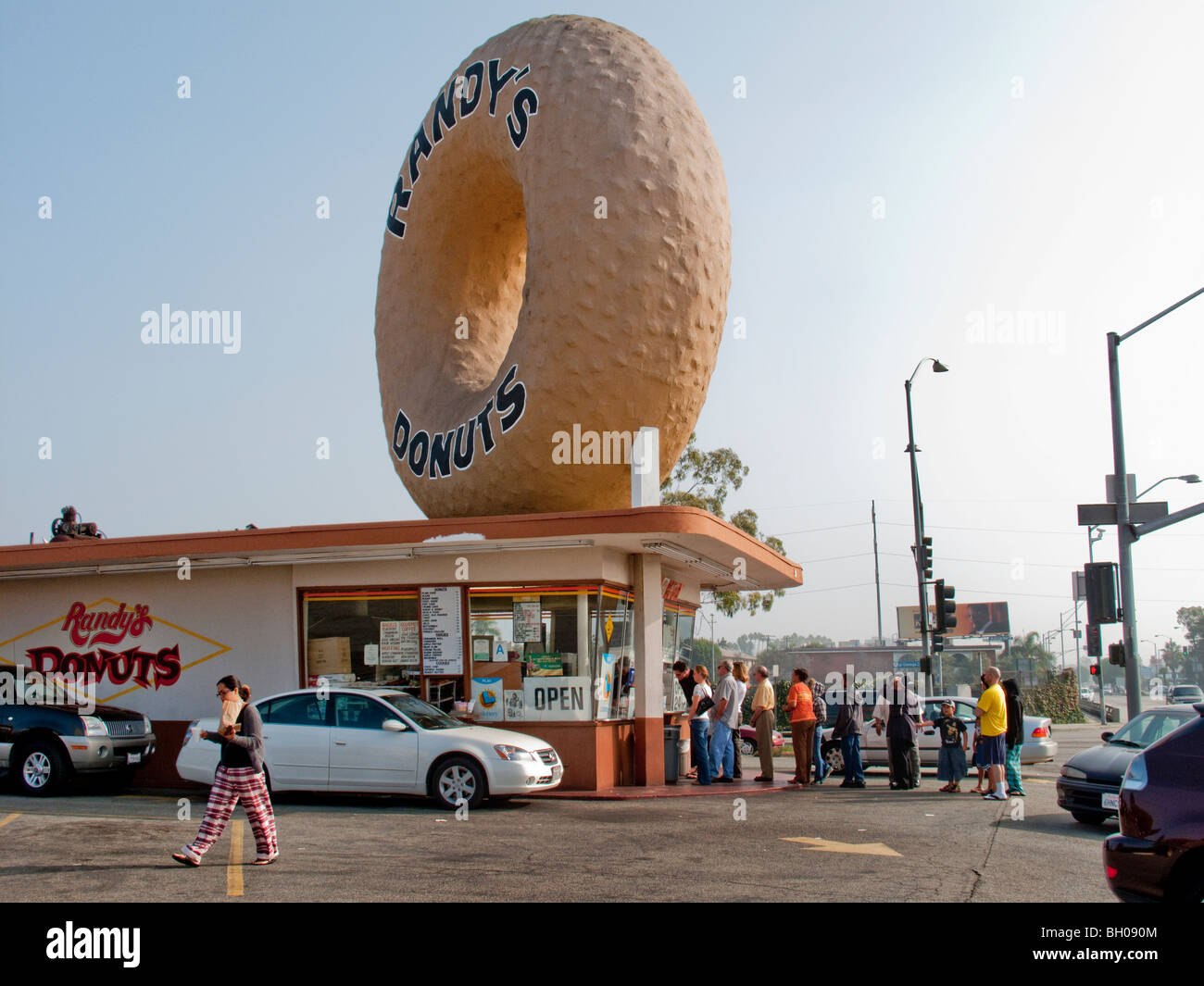 Hungry Sunday-morning customers line up at Rand's  in Los Angeles, an example of "programmtic" architecture. Stock Photo