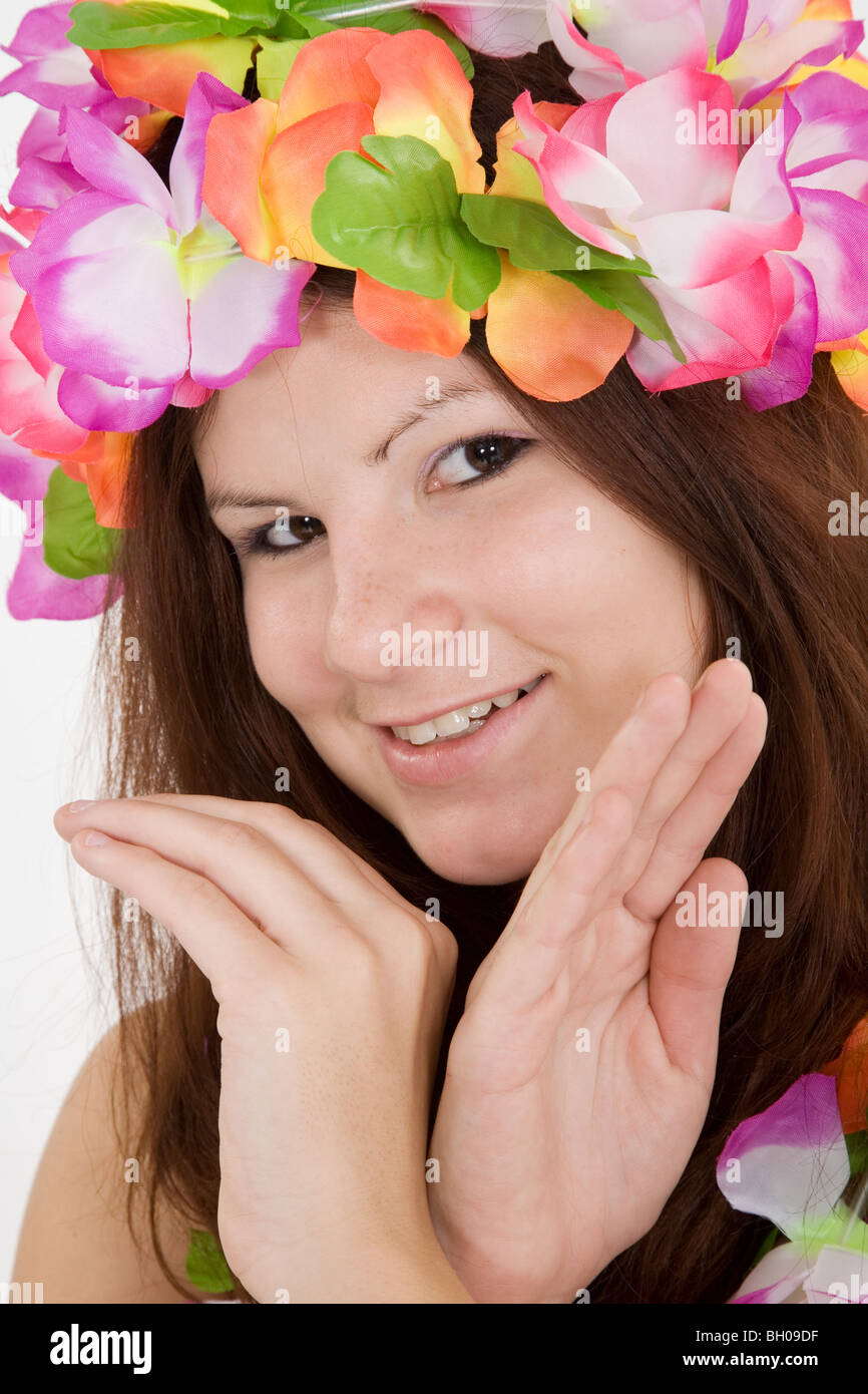 Caucasian teenager dressed as a Hula Dancer Stock Photo