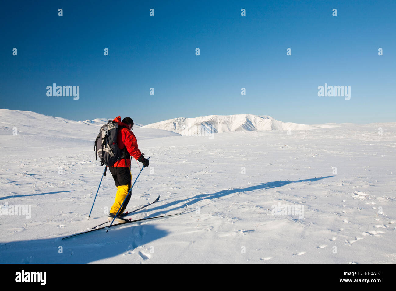 Cross country skiing on Great Dodd in the Lake District, UK. Stock Photo