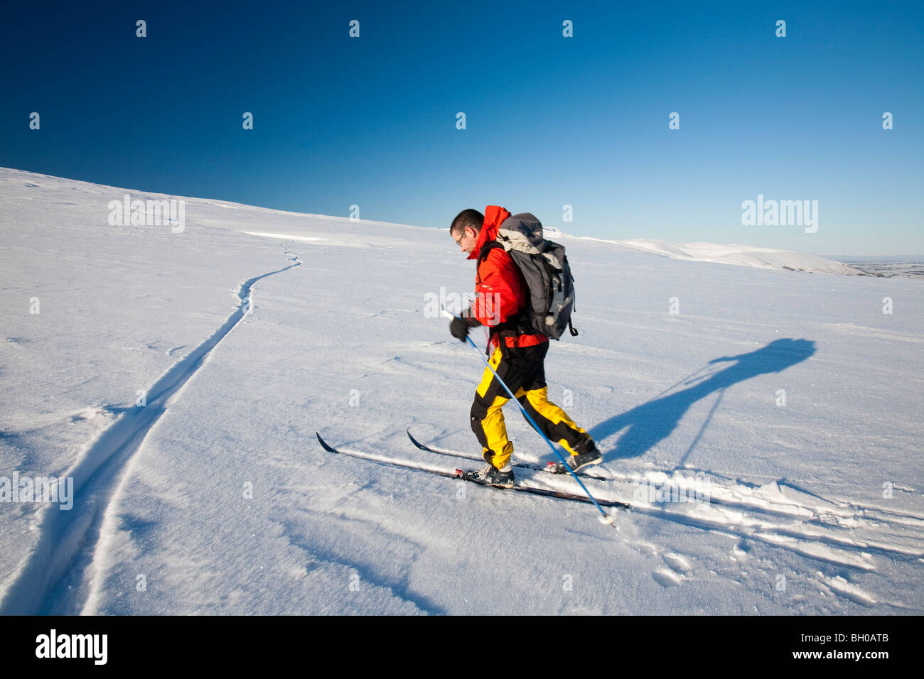Cross country skiing on Great Dodd in the Lake District, UK. Stock Photo