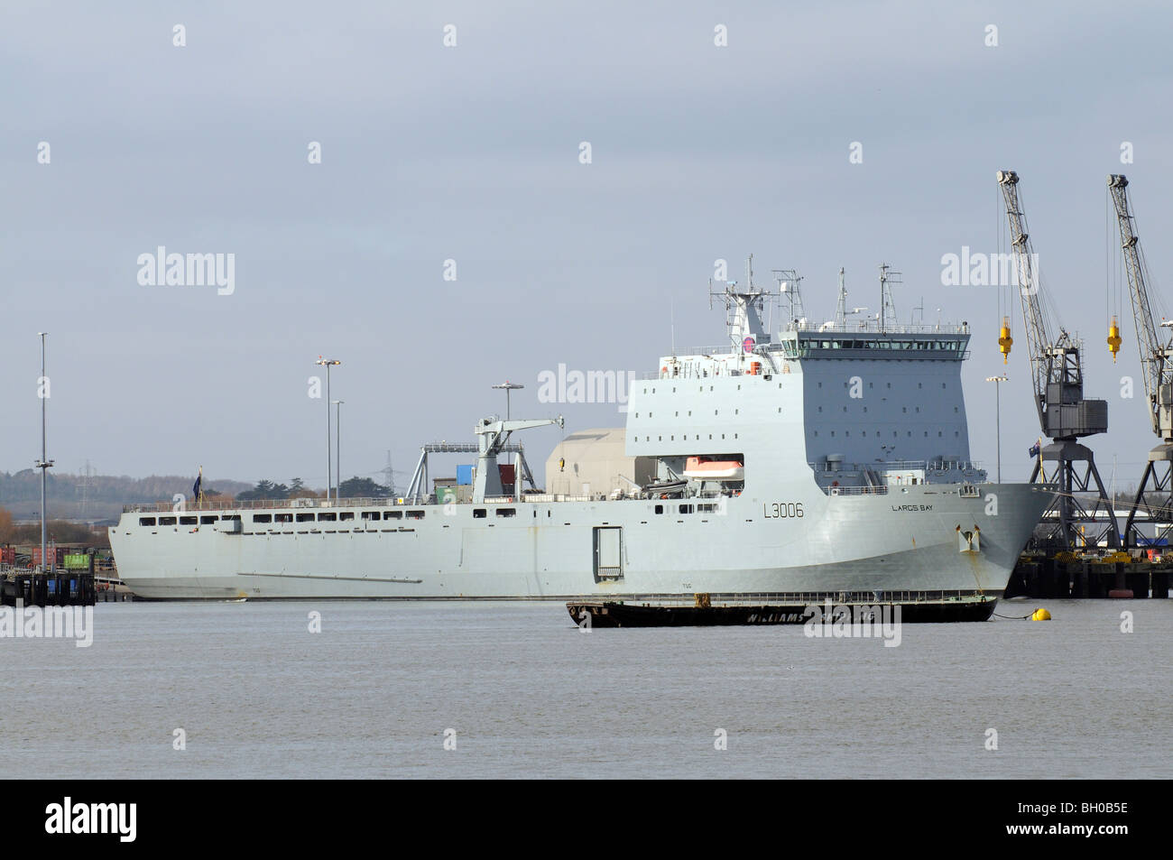 Largs Bay a RFA ship berthed at Marchwood on Southampton Water southern England before departing to Haiti Stock Photo