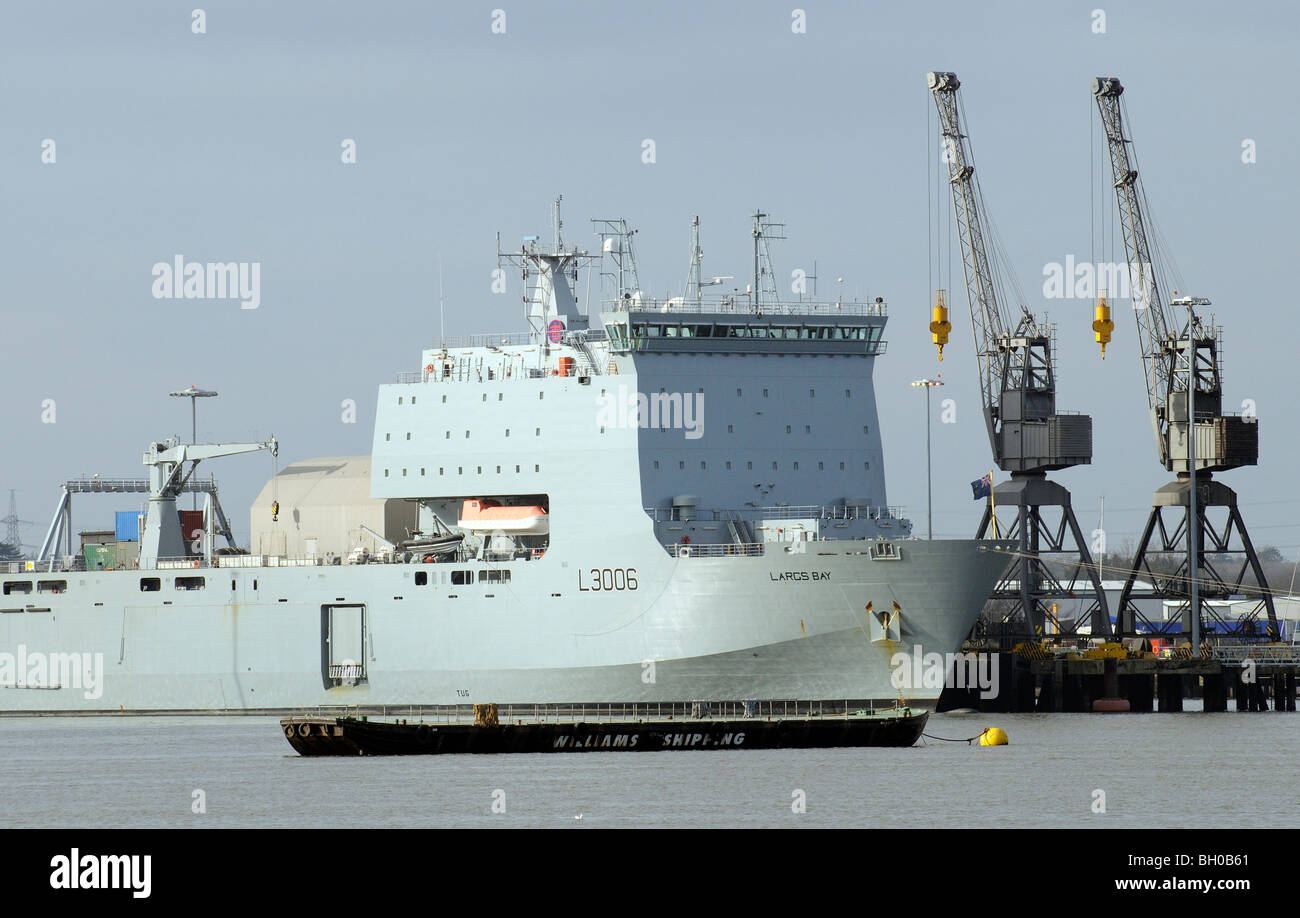 Largs Bay a RFA ship berthed at Marchwood on Southampton Water southern England before departing to Haiti Stock Photo