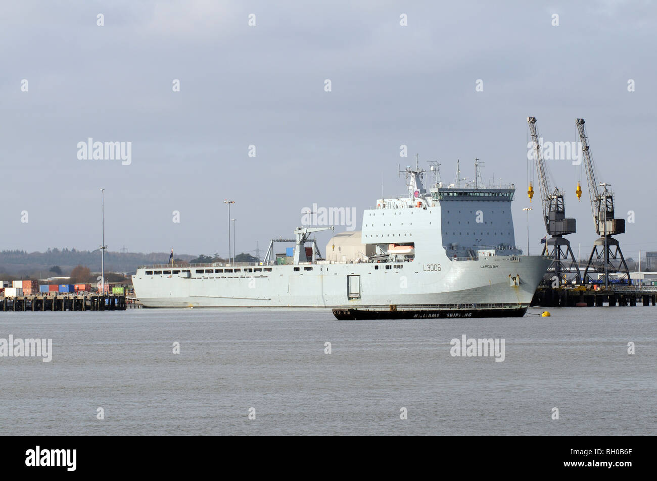 Largs Bay a RFA ship berthed at Marchwood on Southampton Water southern England before departing to Haiti Stock Photo