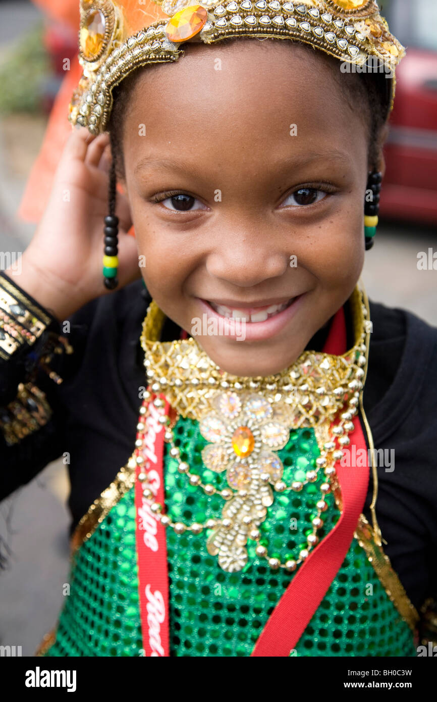 Child in carnival costume. Portrait of little girl. Notting Hill