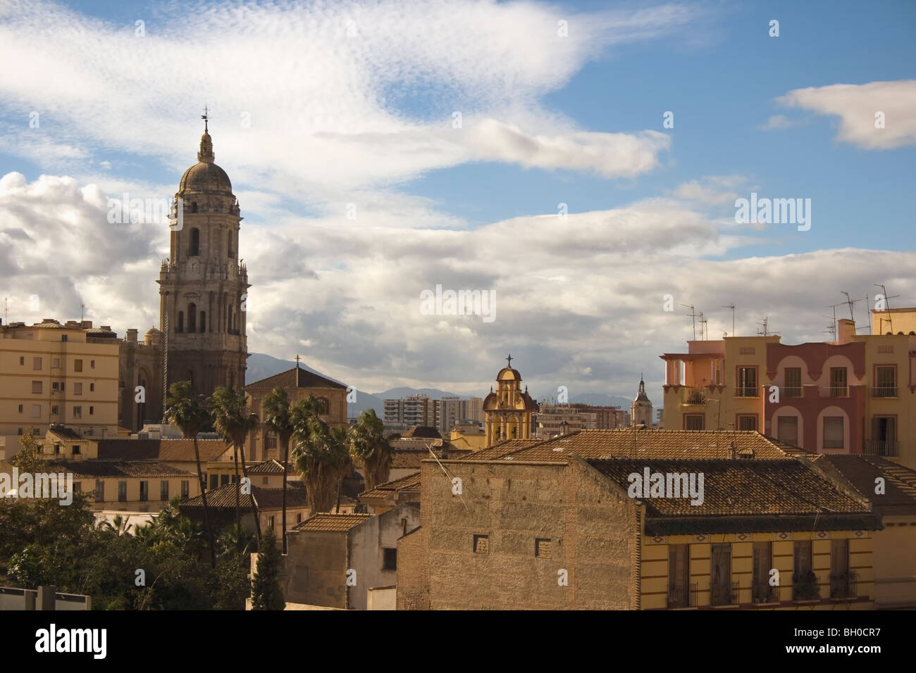 Malaga, Costa del Sol, Spain. View over rooftops to cathedral. Stock Photo