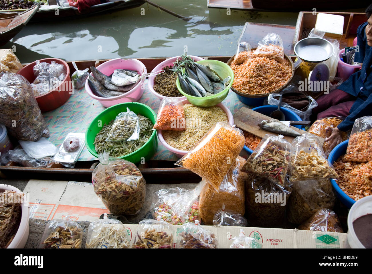 Dried fish on boat at Damnoen Saduak Floating Market Bangkok Stock
