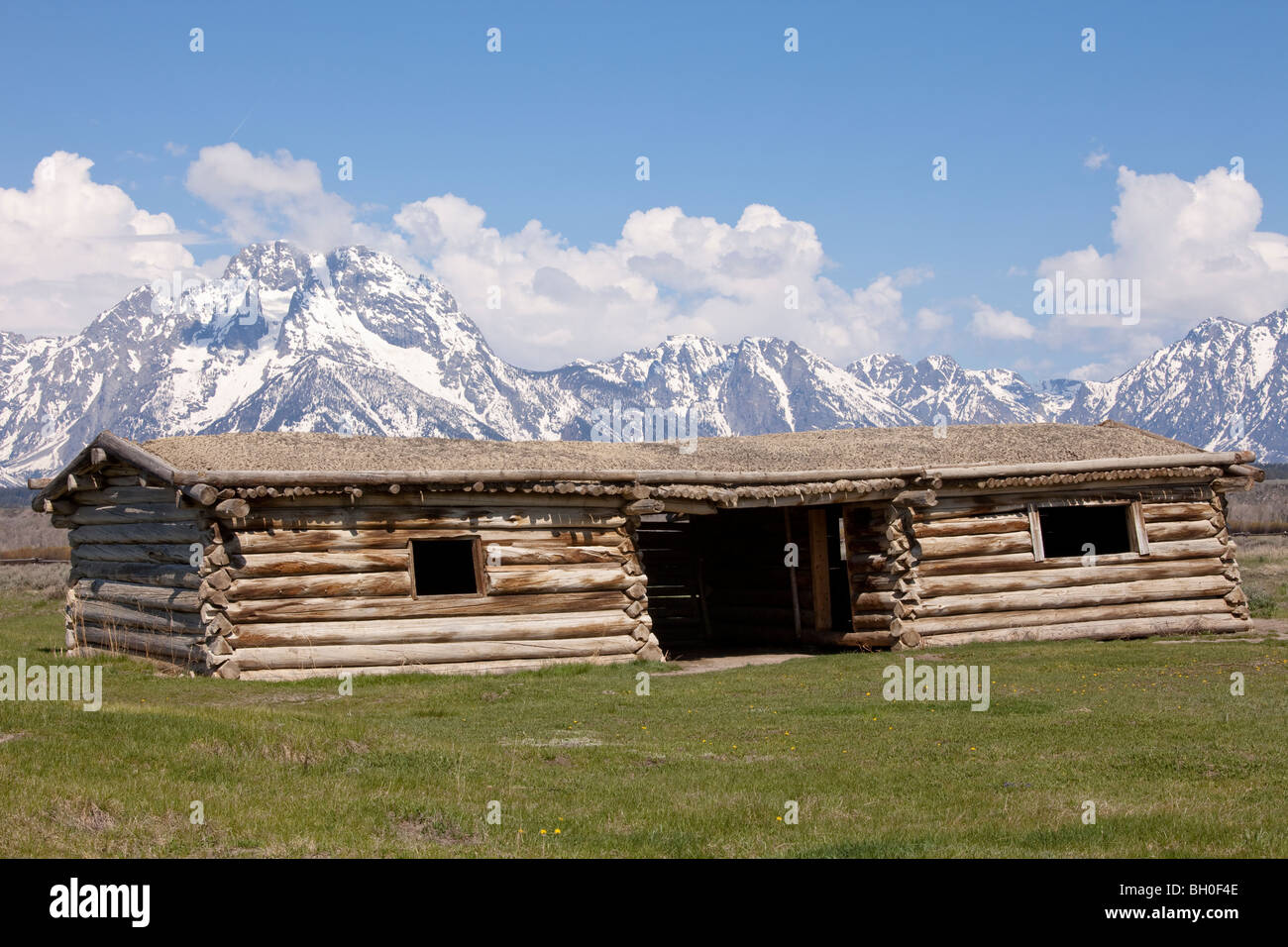 Cunningham Cabin historic site with Grand Tetons in the background. Stock Photo