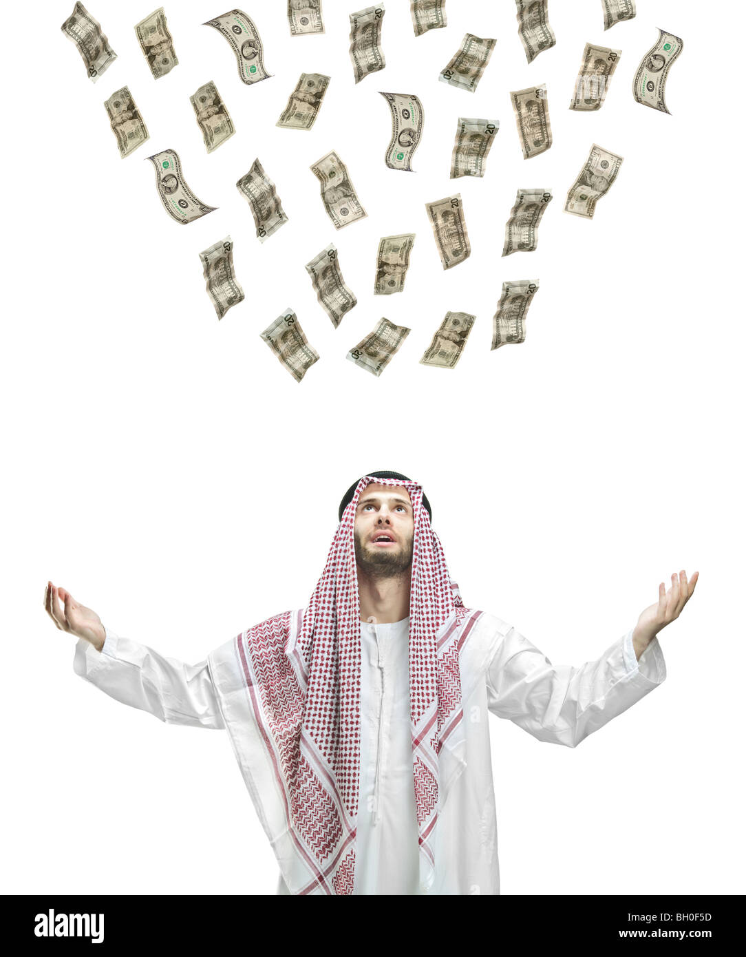 Arab person waiting for money form the sky, isolated on white background Stock Photo