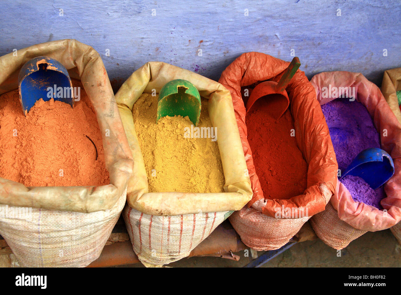 Color dyers for sell in open market in Chaouen, Morocco Stock Photo