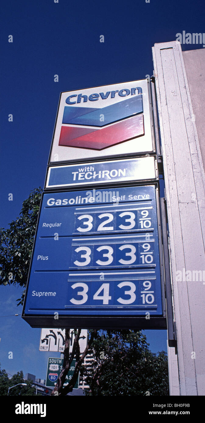 Chevron gas station sign self service gasoline prices per gallon, San