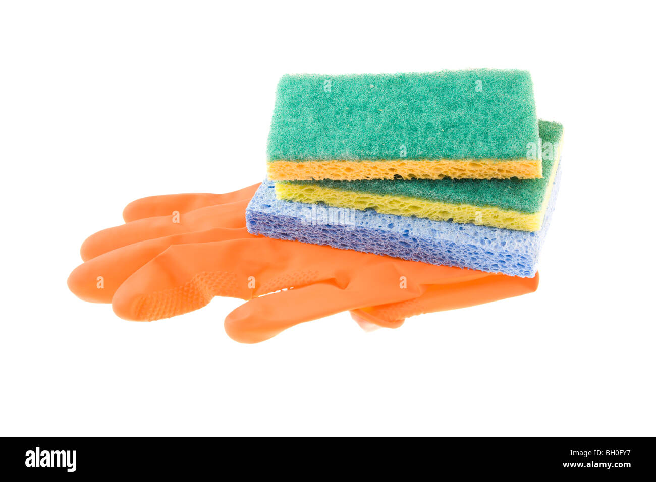 disposable orange gloves with sponge assortment on white Stock Photo