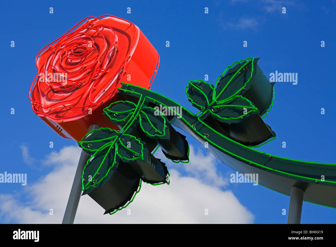 Neon rose sign in Waterfront Park, downtown Portland, Oregon,USA Stock