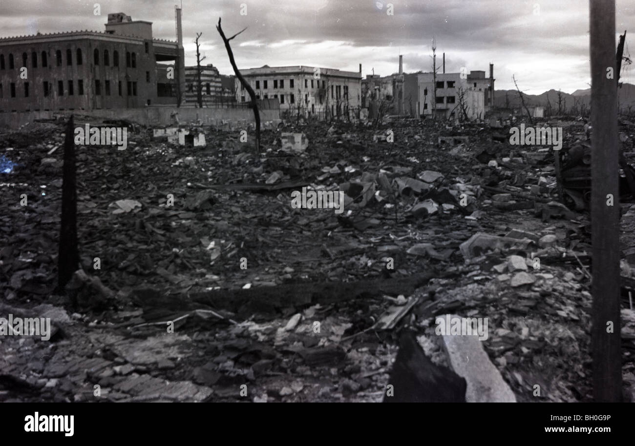 Scene from Hiroshima, Japan in ruins shortly after the Atomic Bomb was dropped Stock Photo