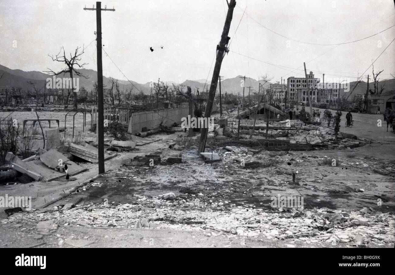 Scene from Hiroshima, Japan in ruins shortly after the Atomic Bomb was dropped Stock Photo