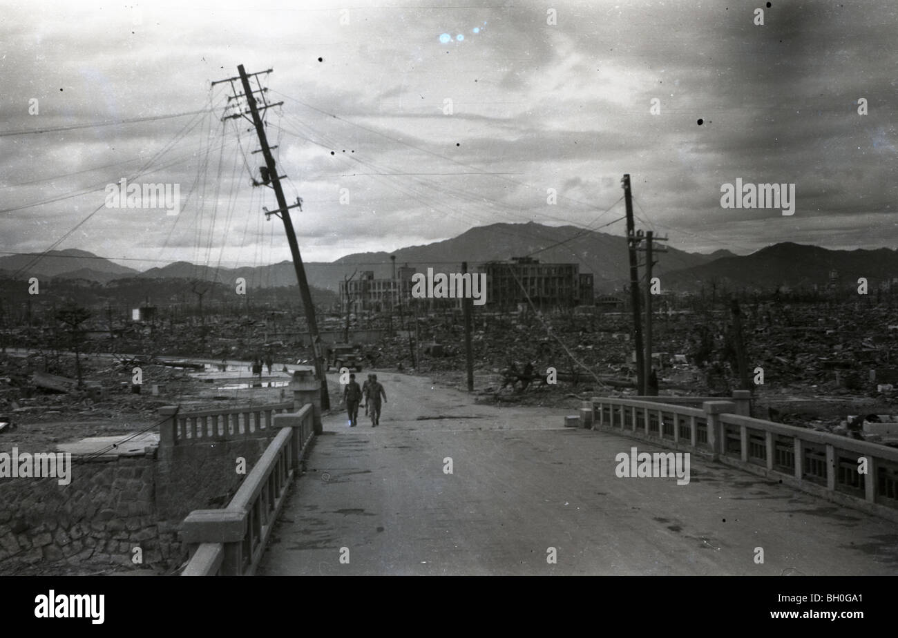 Scene from Hiroshima, Japan in ruins shortly after the Atomic Bomb was dropped Stock Photo