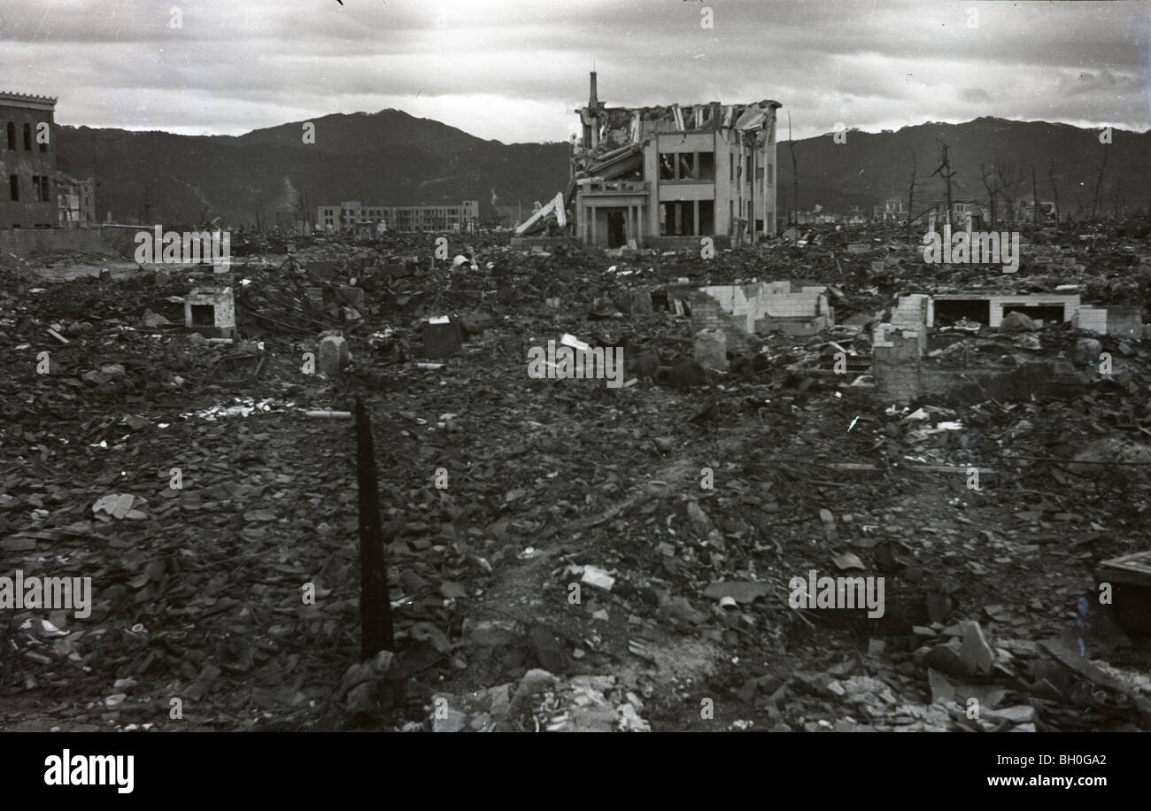 Scene from Hiroshima, Japan in ruins shortly after the Atomic Bomb was dropped Stock Photo