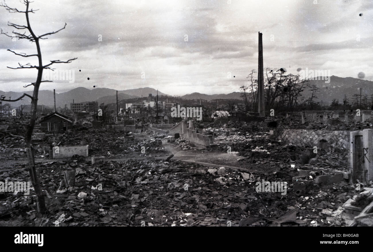 Scene from Hiroshima, Japan in ruins shortly after the Atomic Bomb was dropped Stock Photo