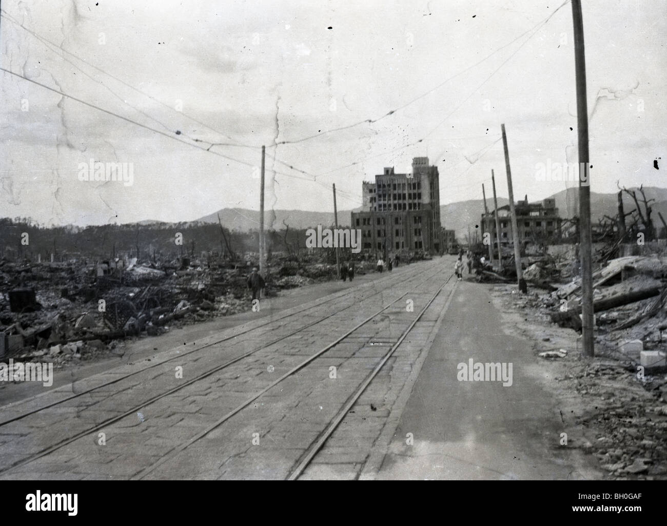 Trolley tracks. Scene from Hiroshima, Japan in ruins shortly after the Atomic Bomb was dropped Stock Photo