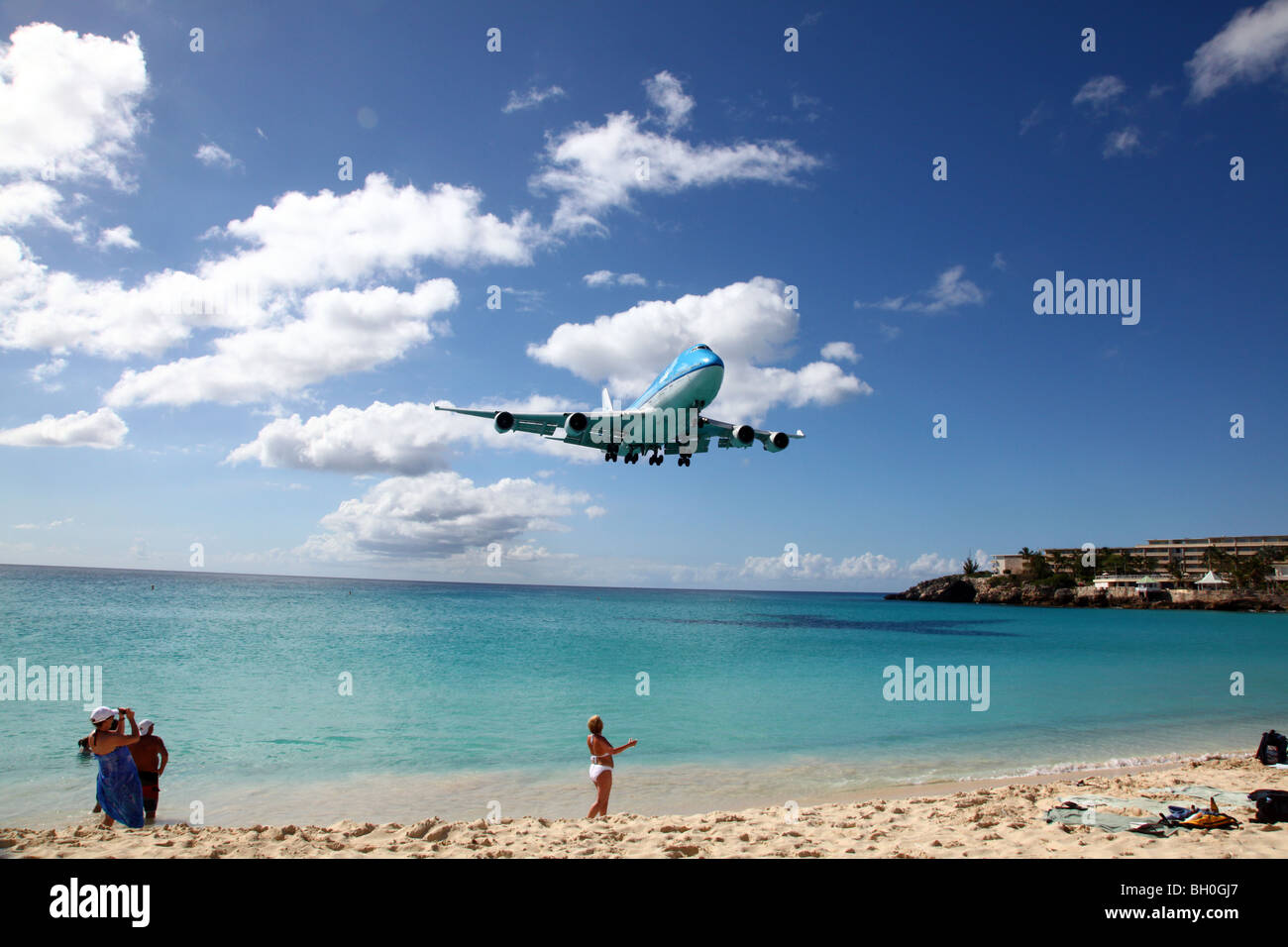 KLM 747 approaching Maho Beach near Princess Juliana International Airport, St Maarten, Caribbean Stock Photo